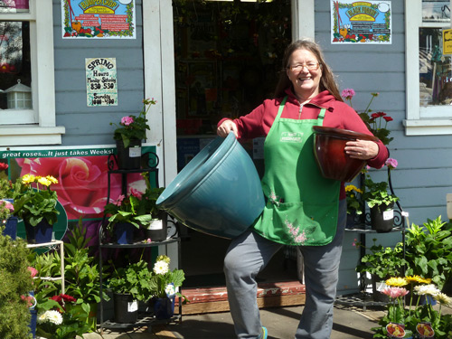 Betty hefting lightweight resin pottery